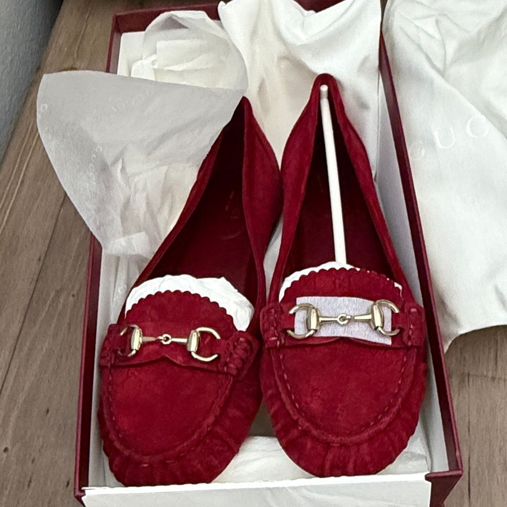 Gucci Red Suede Horsebit Loafers